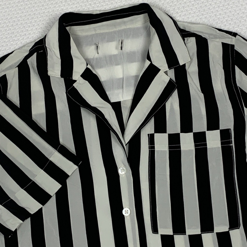 AYR The Pool Boy Striped Silk Blend Top Womens XS Black White Short Sleeve